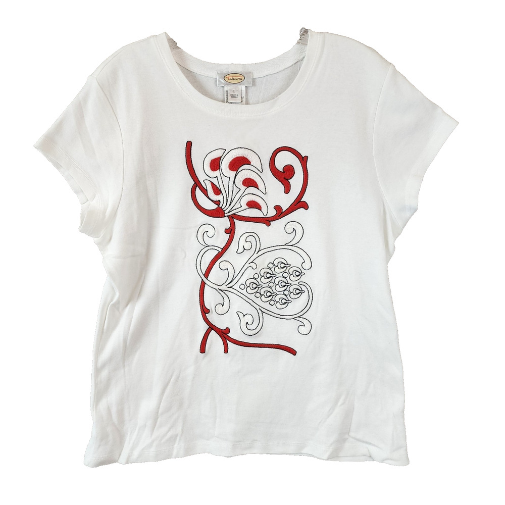 Talbots Embroidered Short Sleeve T‑Shirt Women's Large White Cotton Red Black